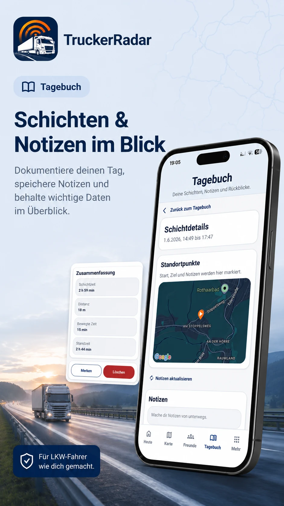 Schichttagebuch und Notizen in TruckerRadar